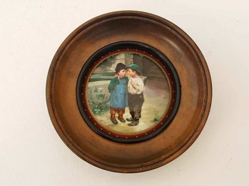 Vintage painting on porcelain framed children little girl & boy round small