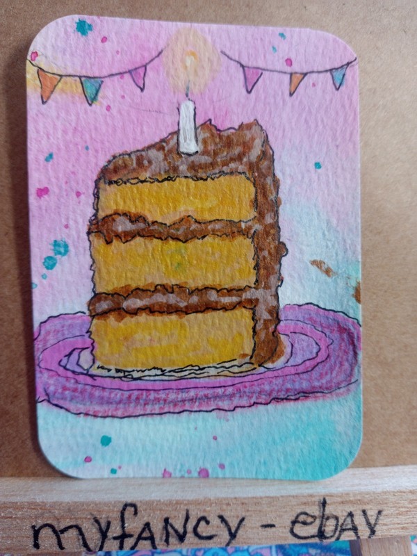 ACEO ATC German Chocolate Cake original painting new 3.5″ x 2.5″ myfancy