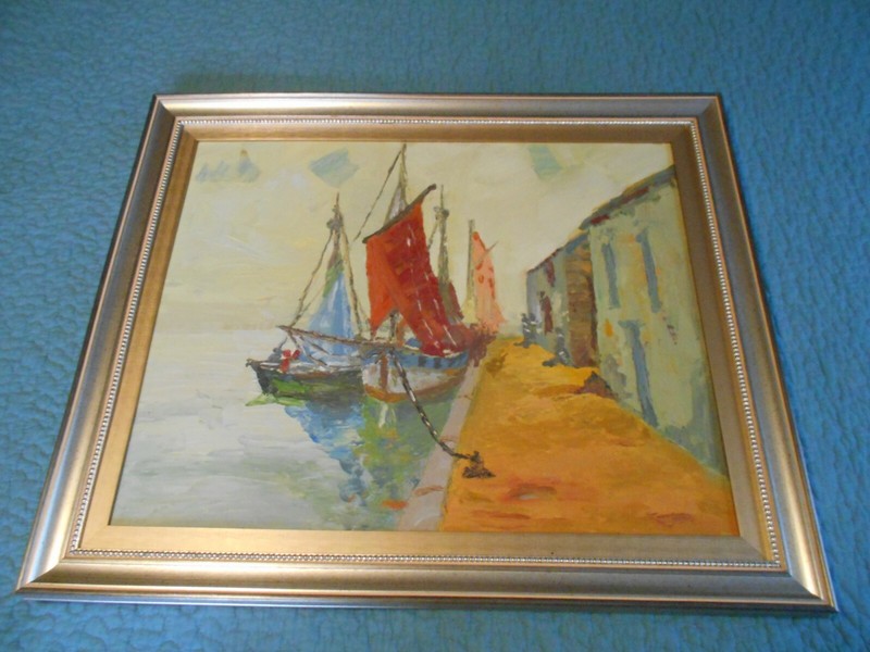 ***KAREN KERSTEN*** ORIGINAL PAINTING/ SBA VERSO/ «BOATS MOORED AT A DOCK»