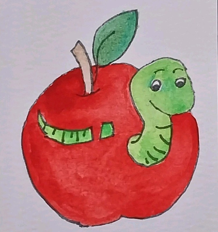 ACEO Original Art Card ATC OOAK Red Apple Cartoon Fruit Worm Painting By GAT