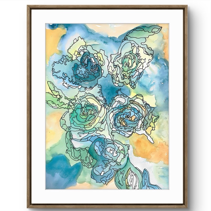 TITA PAINTZ Blue Roses Watercolor and Ink Hand Painted Art 9×12 Home Decor