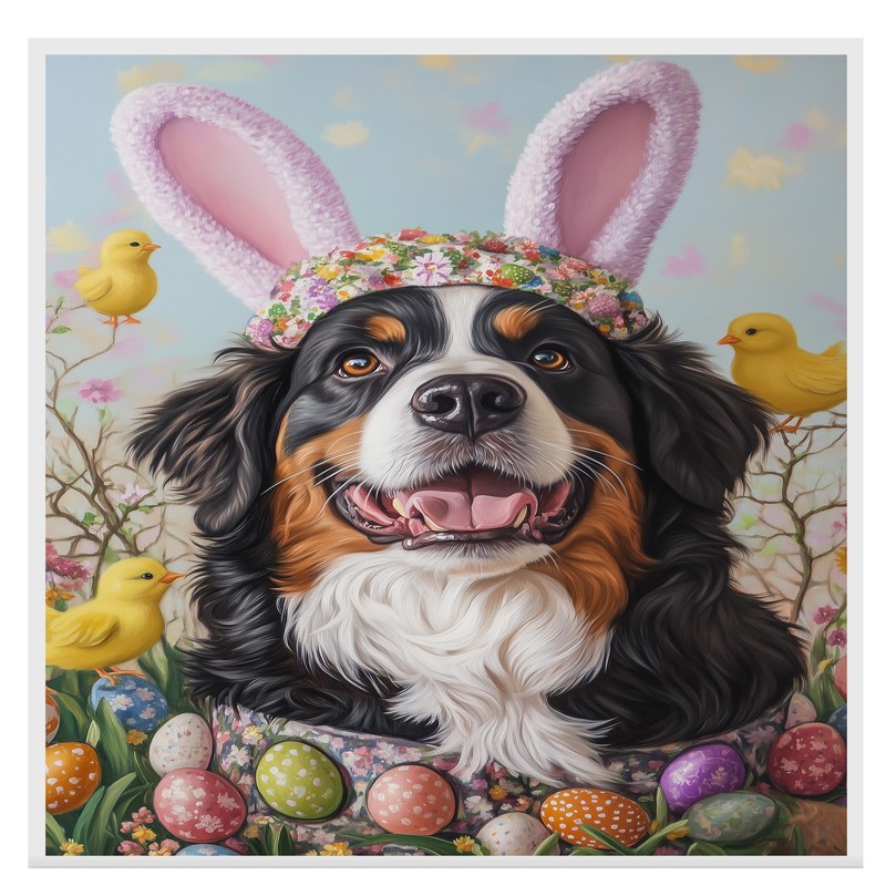 Springtime Whimsy: Bernese Mountain Dog on Flat Rolled, Framed or Wrapped Canvas gallery