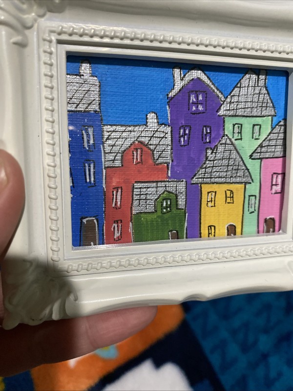 Houses,town,city,landscape ,Original Painting,framed,miniature,small,mini gallery