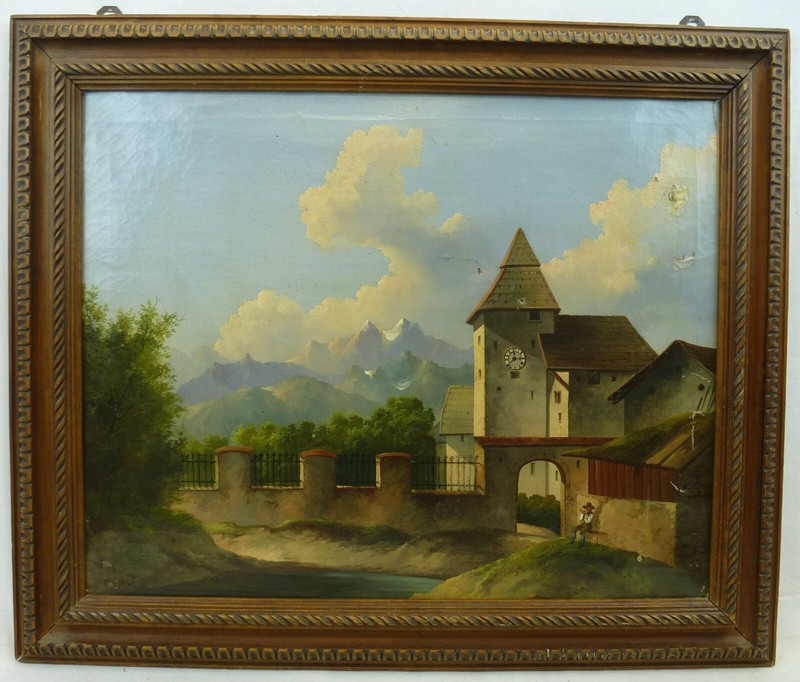 (H874) Oil Painting «Church ~ Castle in the Alps» Unknown Artist