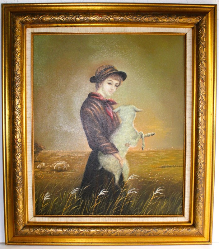 VINTAGE OIL PAINTING CANVAS SIGNED S BOWMAN SHEPHERDESS ARTISTIC INTERIORS LTD