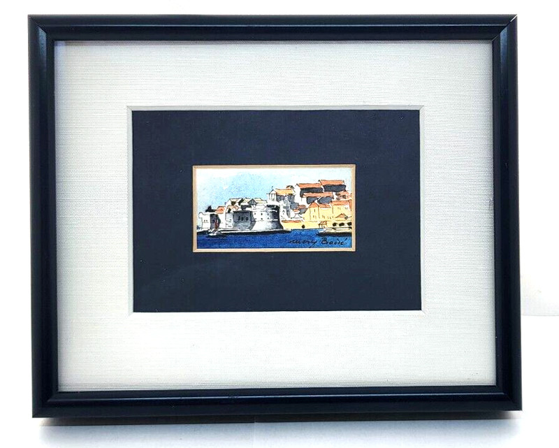 MINIATURE Original Watercolor WATERFRONT Signed Double Matted Framed