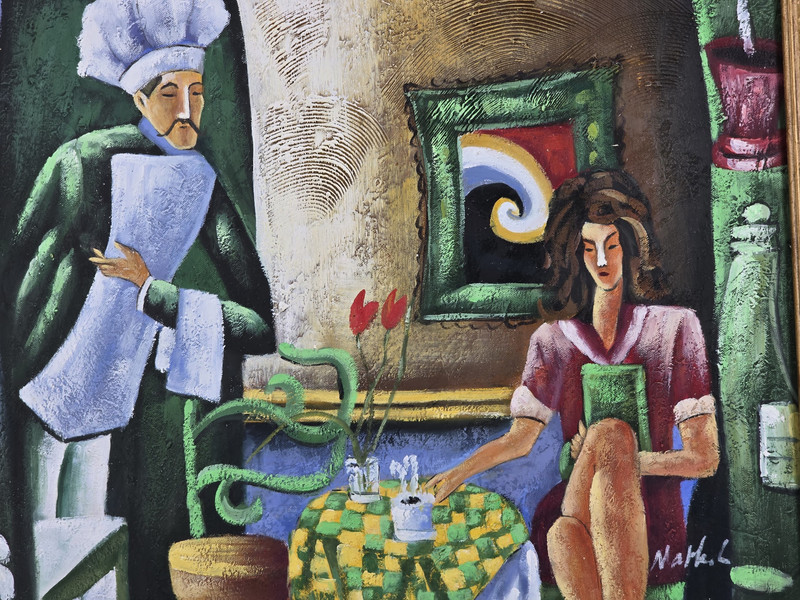 Hand Painted & Signed Portrait Art in Cafe Chef Framed OIL PAINTING ON CANVAS gallery