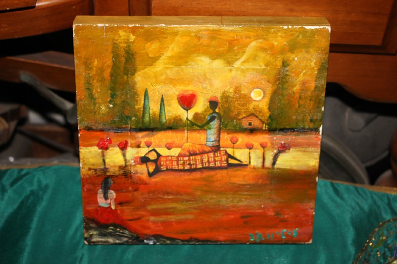 Original Island Abstract Haitian Painting Man Woman Trees Water Signed