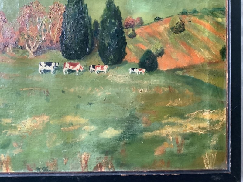 FOLK ART Landscape with Cows in the Meadow Oil canvas painting gallery