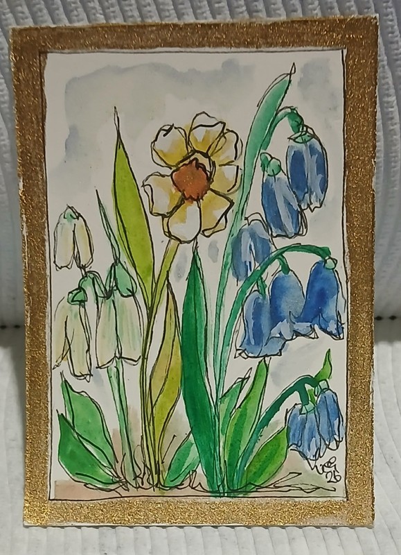 Giftable, CollectibleOOAK Watercolor ACEO Spring Daffodil, Snowdrop Bluebell