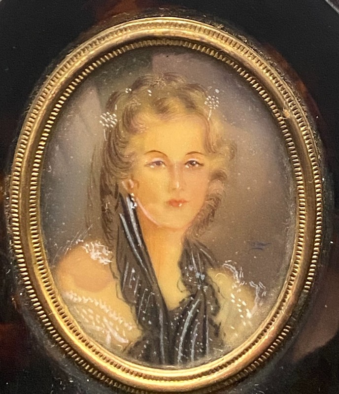 VTG FRENCH MINIATURE PAINTING WOMAN PORTRAIT, CAREY/BAKELITE FRAME, SIGNED vg gallery