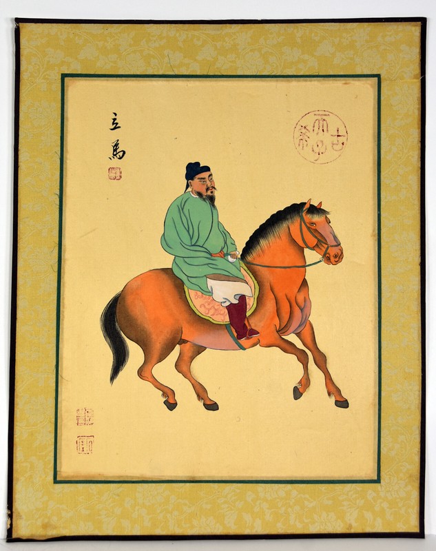 13″ Antique Chinese Watercolor Painting Horse Rider Traditional Green Coat Man
