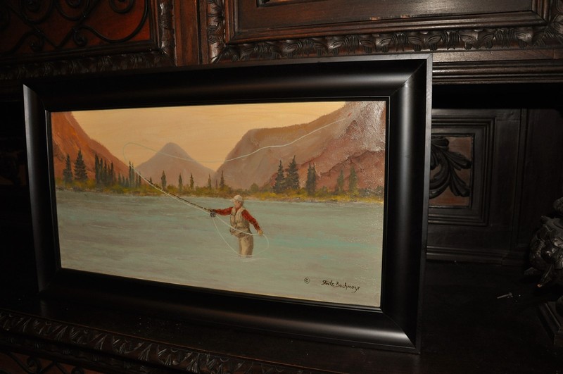 Vintage Original Fly Fisherman Painting By well known Artist