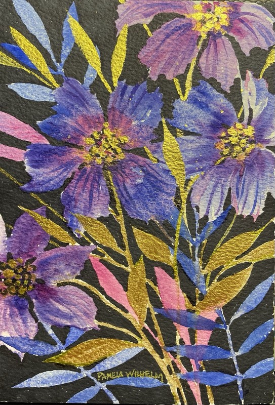 Pamela Wilhelm original 5”x7.5” Watercolor Gold Leaves Loose Floral Purple Black