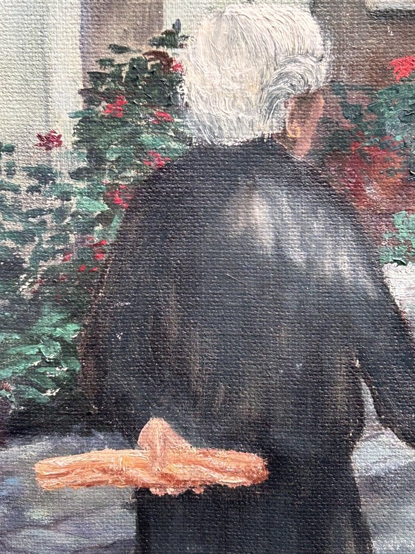 Original Oil on Canvas French Street Scene, Lady and Cat, Signed, Framed 28" gallery