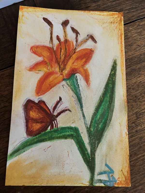 Original Pastel Lily and Butterfly oil pastel Painting on Paper, Small Signed
