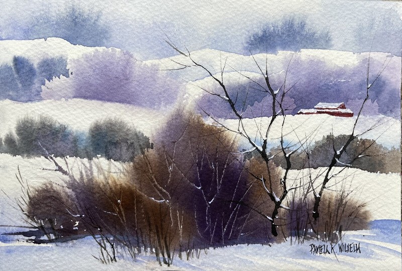 5”X 7” Original Watercolor Pamela Wilhelm Distant Winter Barn In Snow & Hills