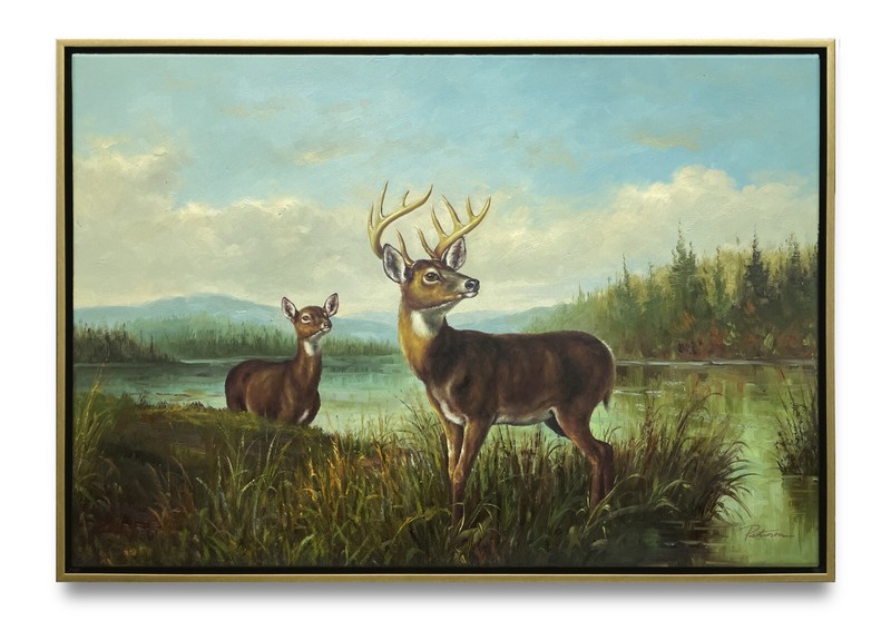 Hungryartist -Original Oil Painting of a Deer on Canvas 24×36 Framed