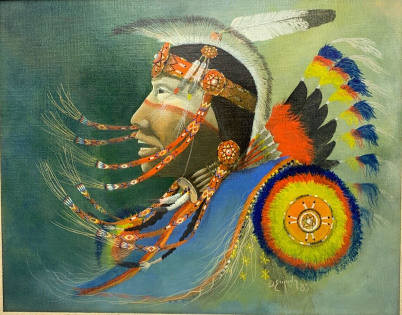 Mescalero Apache artist OLIVER ENJADY OIL ON CANVAS 1983 DANCING WITH BEAOTY