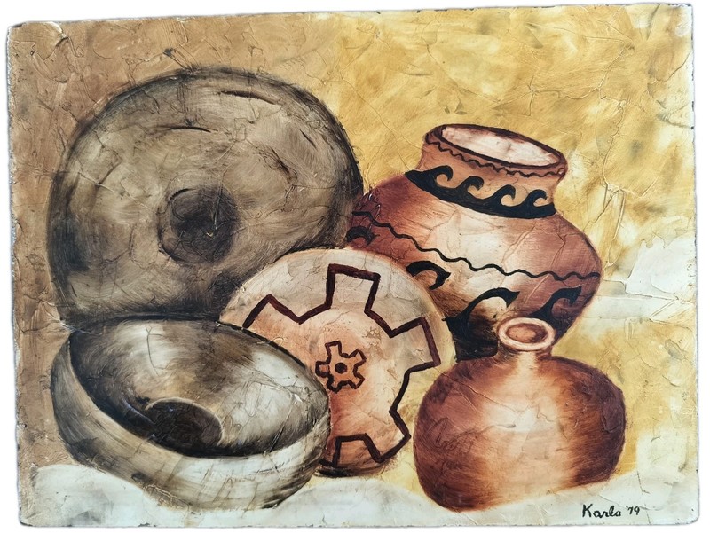 Vintage 1979 Original Oil Painting Southwest Pottery Still Life Hardboard 16×12