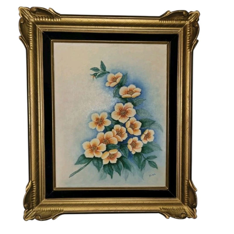 Stunning Hand-Painted Floral Oil Painting by Nina 1981 – Gold Ornate Frame
