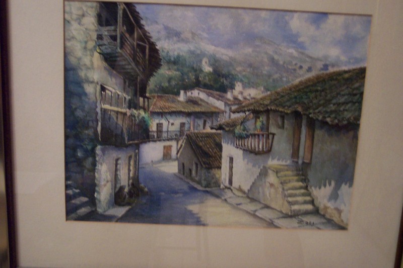 SPANISH VILLAGE WITH BALCONIES AND MOUNTAINS--Exquisitively detailed watercolor