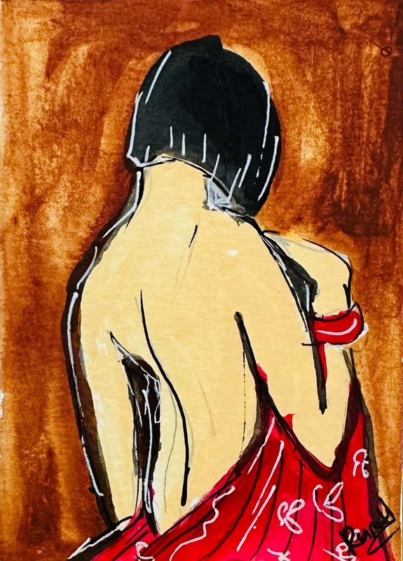 Abstract Nude Woman Back Red Dress Expressionist ACEO Original Art Painting Card