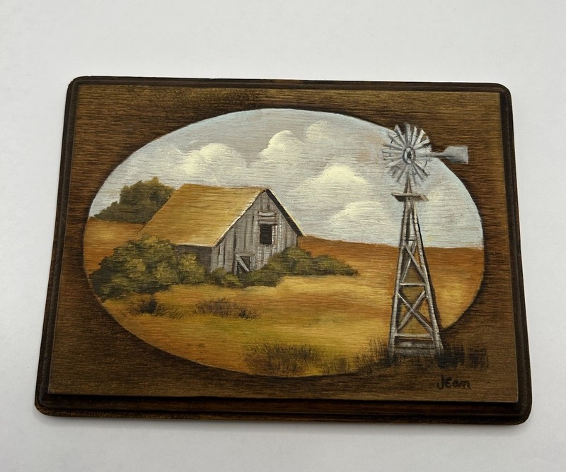 Small Barn And Windmill Landscape Painting On Wood 8×5-3/4 Inches Wall Hang