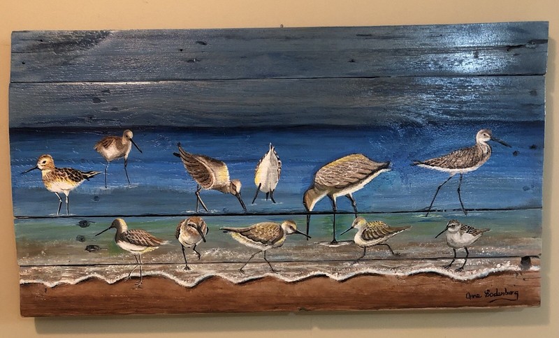 Original Painting On Reclaimed Wood Seashore Birds On Beach By Anne Bodenburg