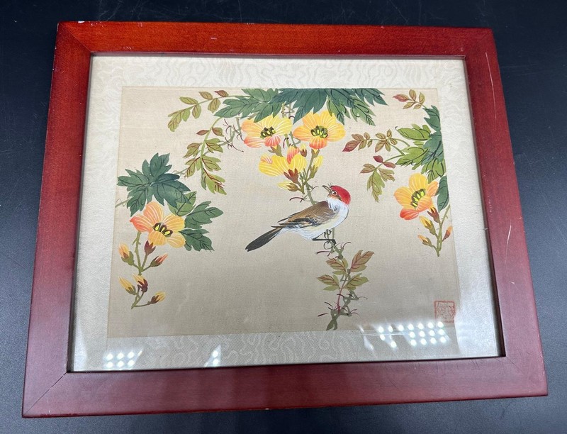 Vintage Framed Chinese Silk Bird And Flower Painting With Artist Stamp