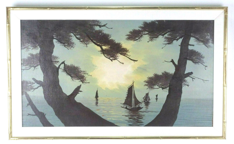 Asian Style Junk Boat Seascape Sunrise Oil Painting Canvas On Board