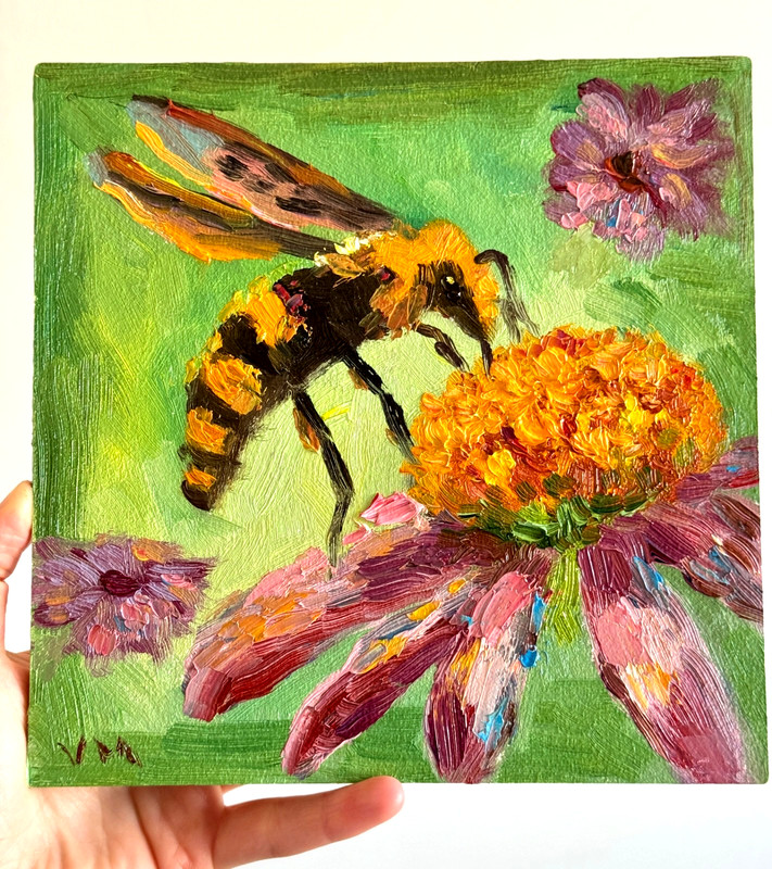 Honeybee Painting Oil Original Canvas Bumblebee Artwork Landscape Floral Art gallery