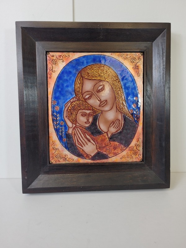 Vintage Vitus Lőrincz Hungarian Modernist Enamel Madonna Child Plaque MCM Art