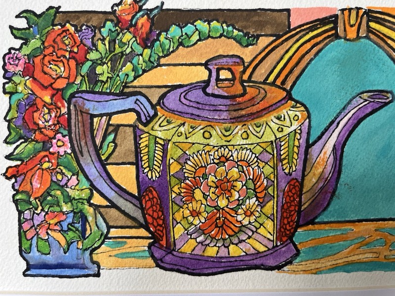 Original Handmade Vibrant Small Watercolor Painting Teapot Flowers 12”x 8” gallery