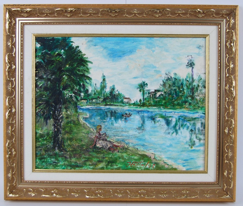 Original Hecto Vidal Oil Painting Reading By The Lake Cuban Country Scene 14×11