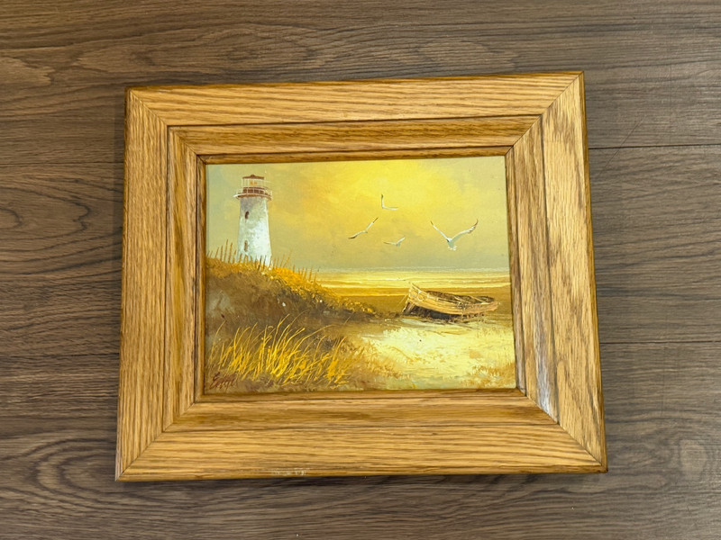Vintage Signed Engel Oil on Canvas Seascape Painting with Lighthouse