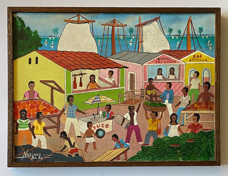 Vintage Bahia Brazil Market Nautical Seascape Portrait Naive Folk Boat Painting