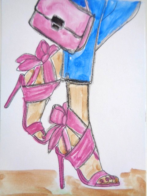 ACEO Women In Fashion – PRETTY IN PINK HEELS SHOES & PURSE Painting ART