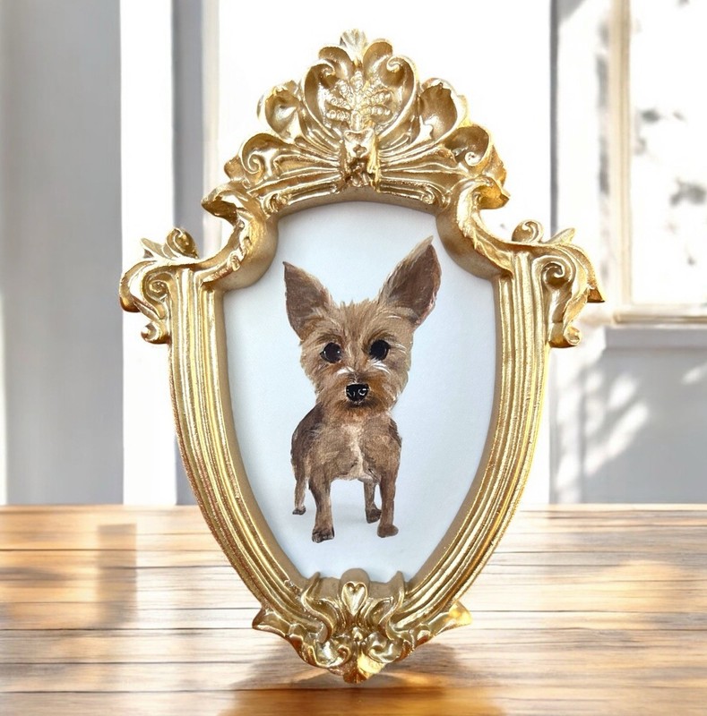 Yorkie Dog mini watercolor art print in gold vintage style ornate frame