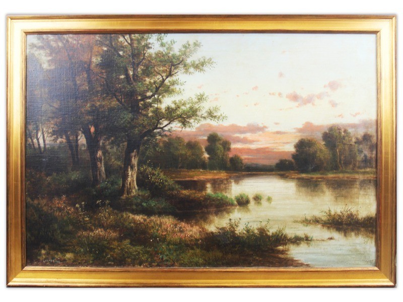 Attributed to Theodore Rousseau Oil on Canvas, Sunset Landscape, 33"x23" frame