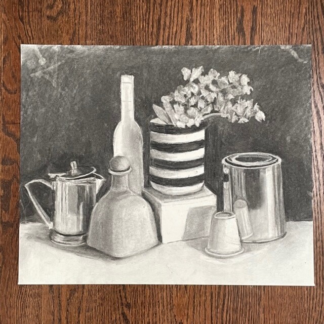 Original Still Life Drawing: Charcoal on paper, 18″ x 24″