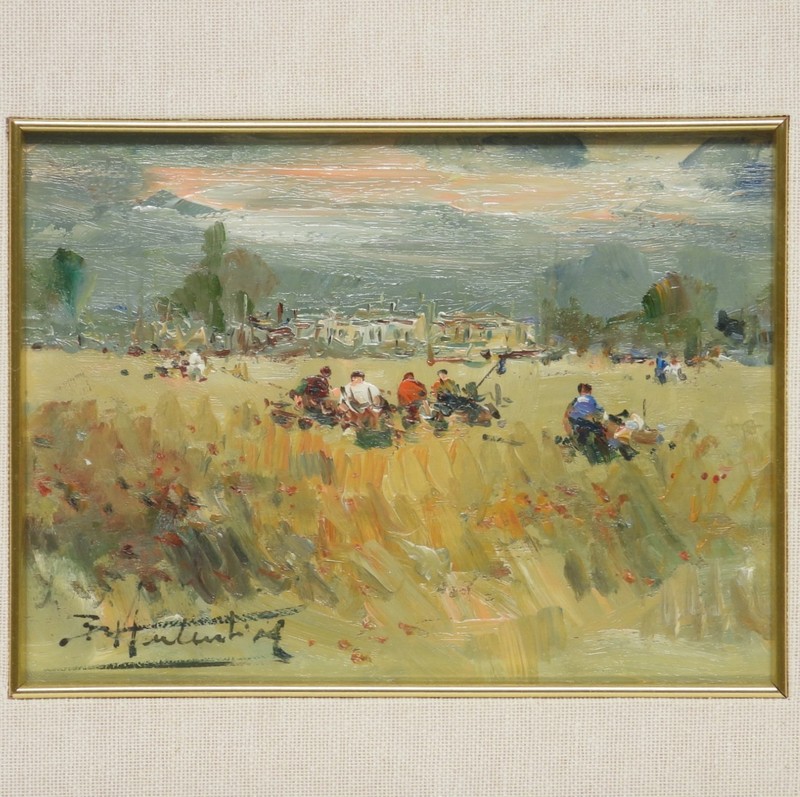 European Impressionist Farmers In Field Summer Harvest Landscape O/C Painting