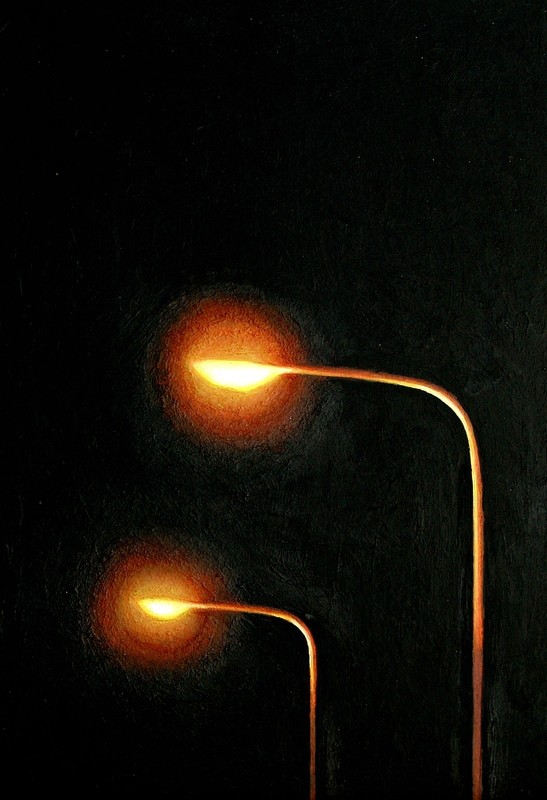 Lantaarnpalen 8- ±12×8″ painting of two lights shining in the darkness G Boersma