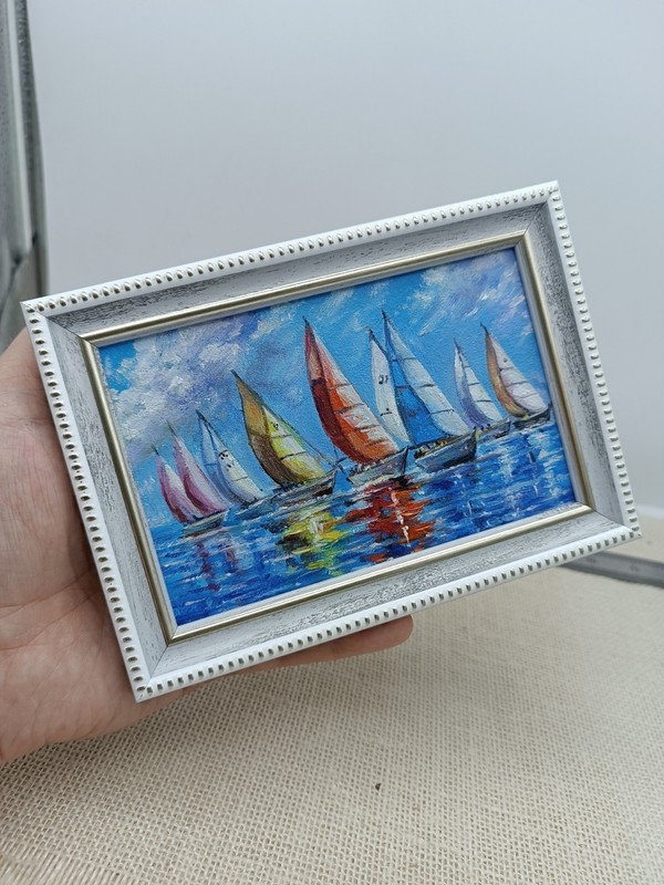 Sailboat Original Oil Painting 4x6 Framed Signed Nautical Ship Seascape Art gallery
