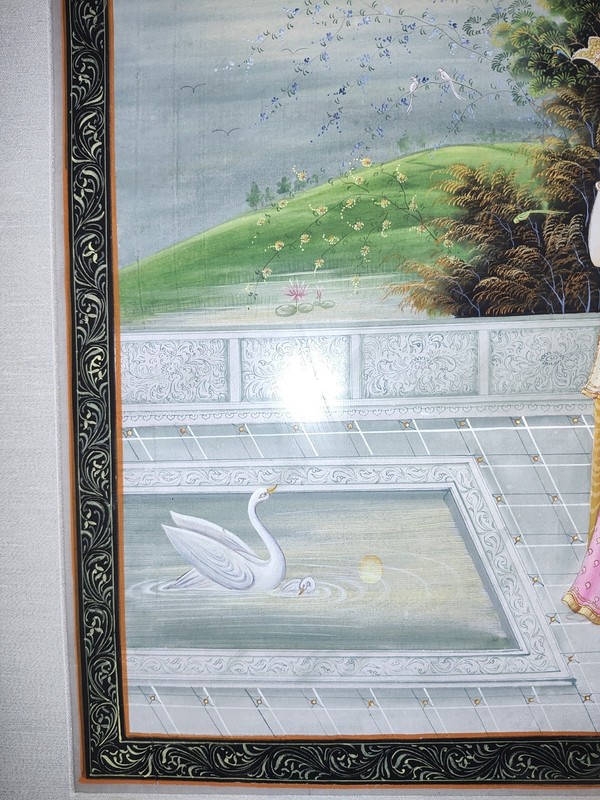 Indian Radha Krishna Miniature Watercolor Painting Silk Lover Watch Swan Artwork gallery