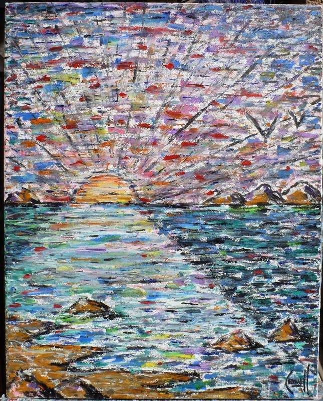 VIOLET PARADISE SUNSET ORIGINAL 16×20 vacation oil Painting NEW Signed Crowell