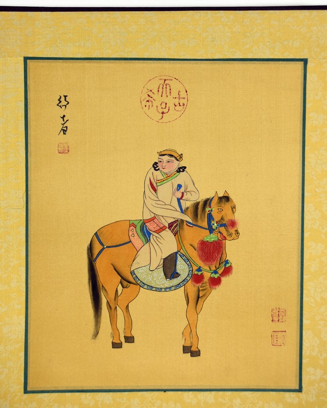 13" Antique Chinese Watercolor Painting Young Maid Horse Rider Winter Coat gallery