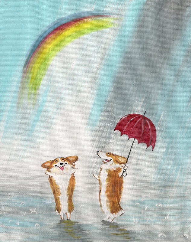 5×7 PRINT OF PAINTING RYTA FOLK ART PEMBROKE WELSH CORGI RAINBOW DOG Spring Rain