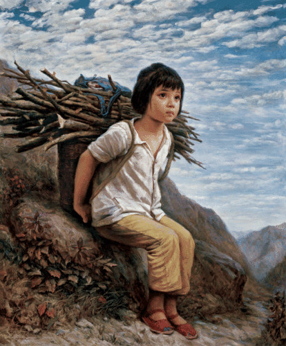 MQ326 Stretched Canvas Frame / Unframed little girl With firewood Oil Painting