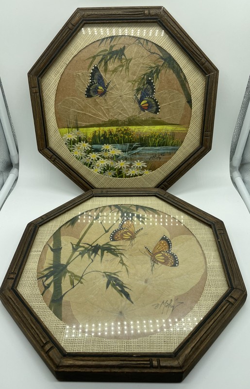 Two Vintage Octagonal Framed art Butterflies nature leaves